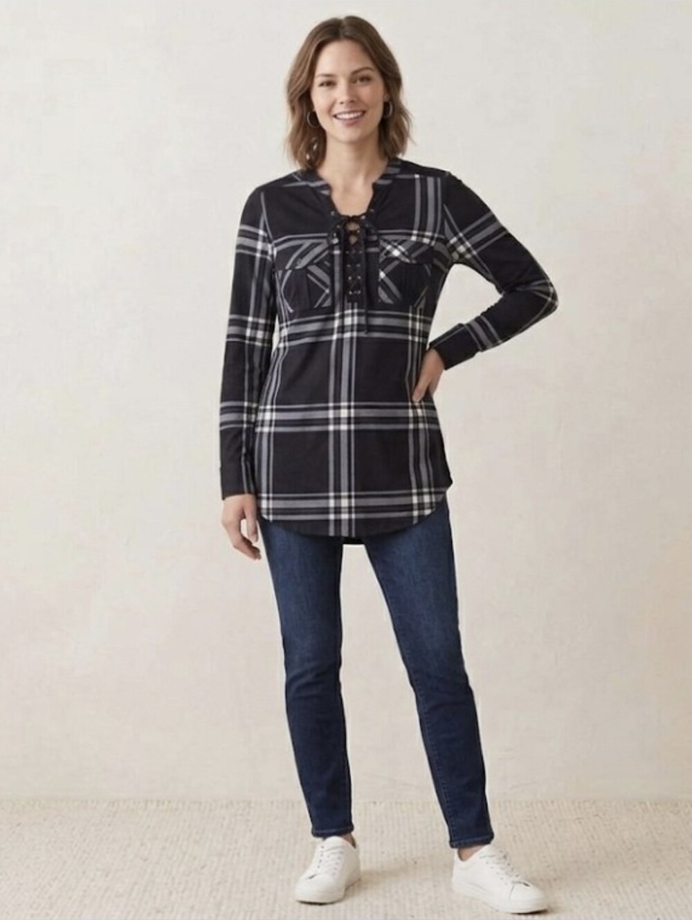Black Grey White Plaid Lace Up Blouse | Long Sleeve Tunic Top Size Small